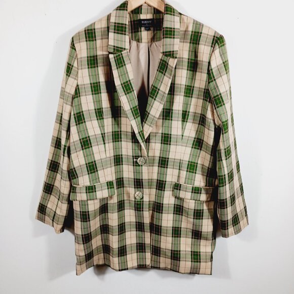 Bardot, Plaid Long Blazer Jacket Green & Soft Gold, Pink Highlight Medium Preppy - Picture 5 of 15